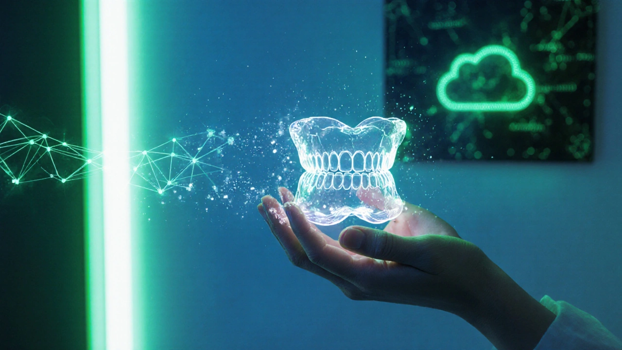 Futuristický domácí scénář s hologramovým skenem, nanogely a organickým LED světlem.