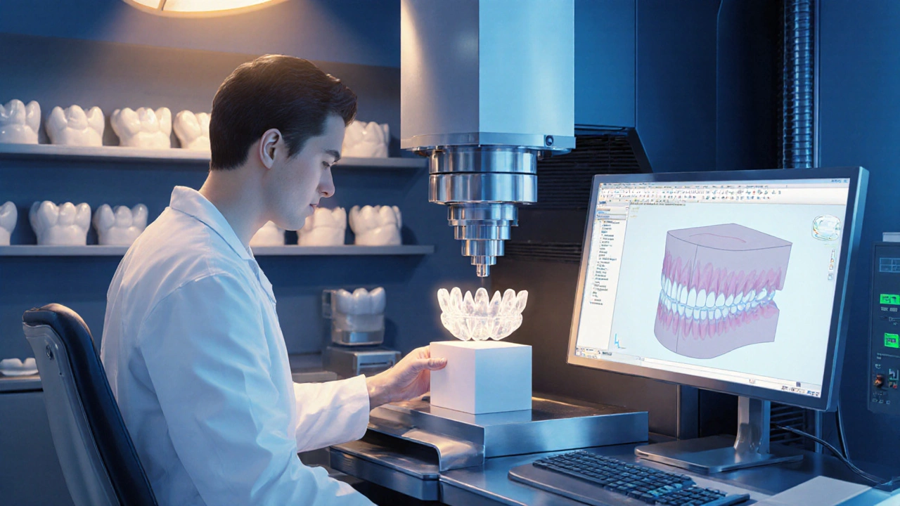 Laborant v zubní laboratoři používá CNC stroj k výrobě zirkonové korunky.