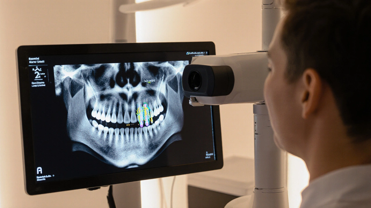 Dentista analyzuje 3D snímek čelisti s virtuálním umístěním zubního implantátu.