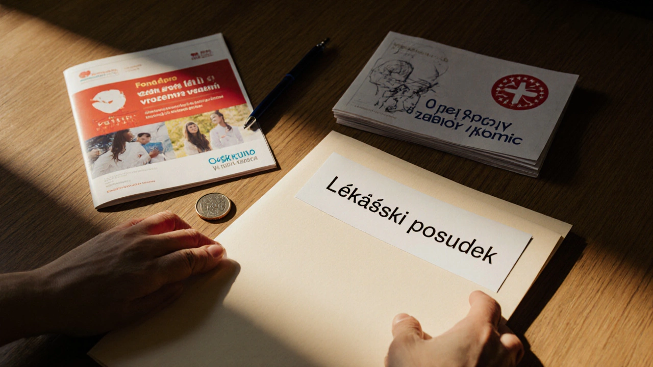 Ruka položí lékařský posudek vedle brožur charitativních fondů a mince, symbolizující finanční pomoc.