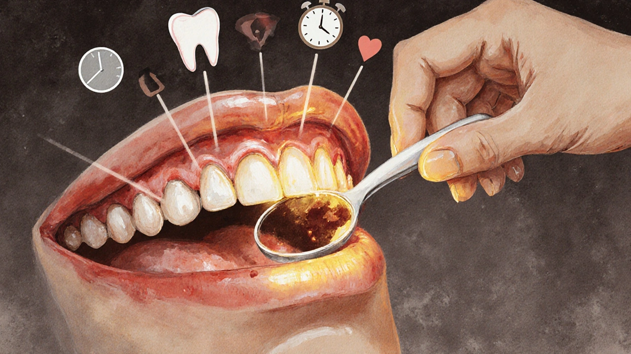 Umělecká ilustrace s dentálním zrcátkem ukazující zubní kámen a zánět dásní.