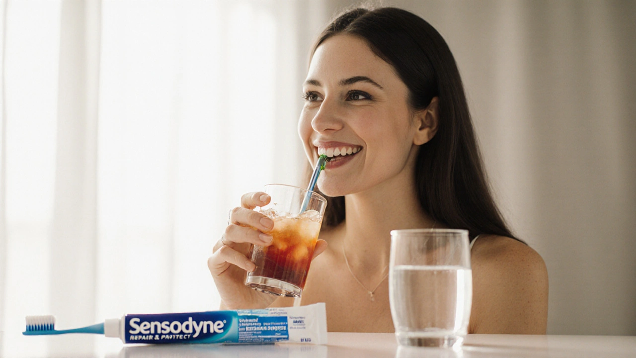 Woman smiling while drinking cold beverage, showing natural-looking dental veneers.