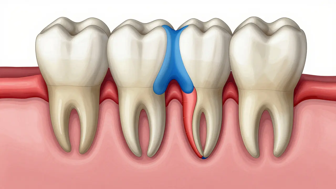 Anatomical cross-section of jaw showing impacted wisdom tooth pressing on adjacent molar.