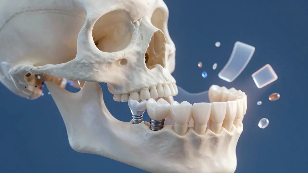 Lidská čelist s rozpadající se kostí a moderní implantátově podporovanou protézou.