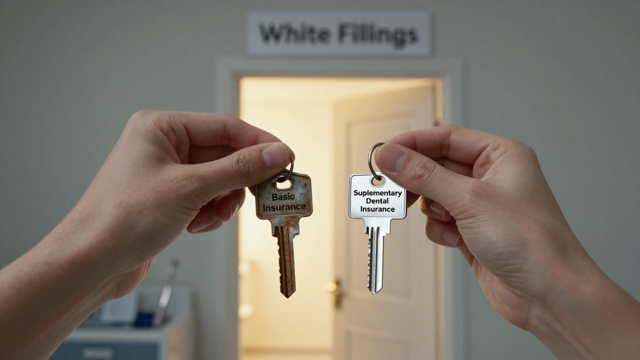 Person choosing between basic and supplementary dental insurance to access white fillings.