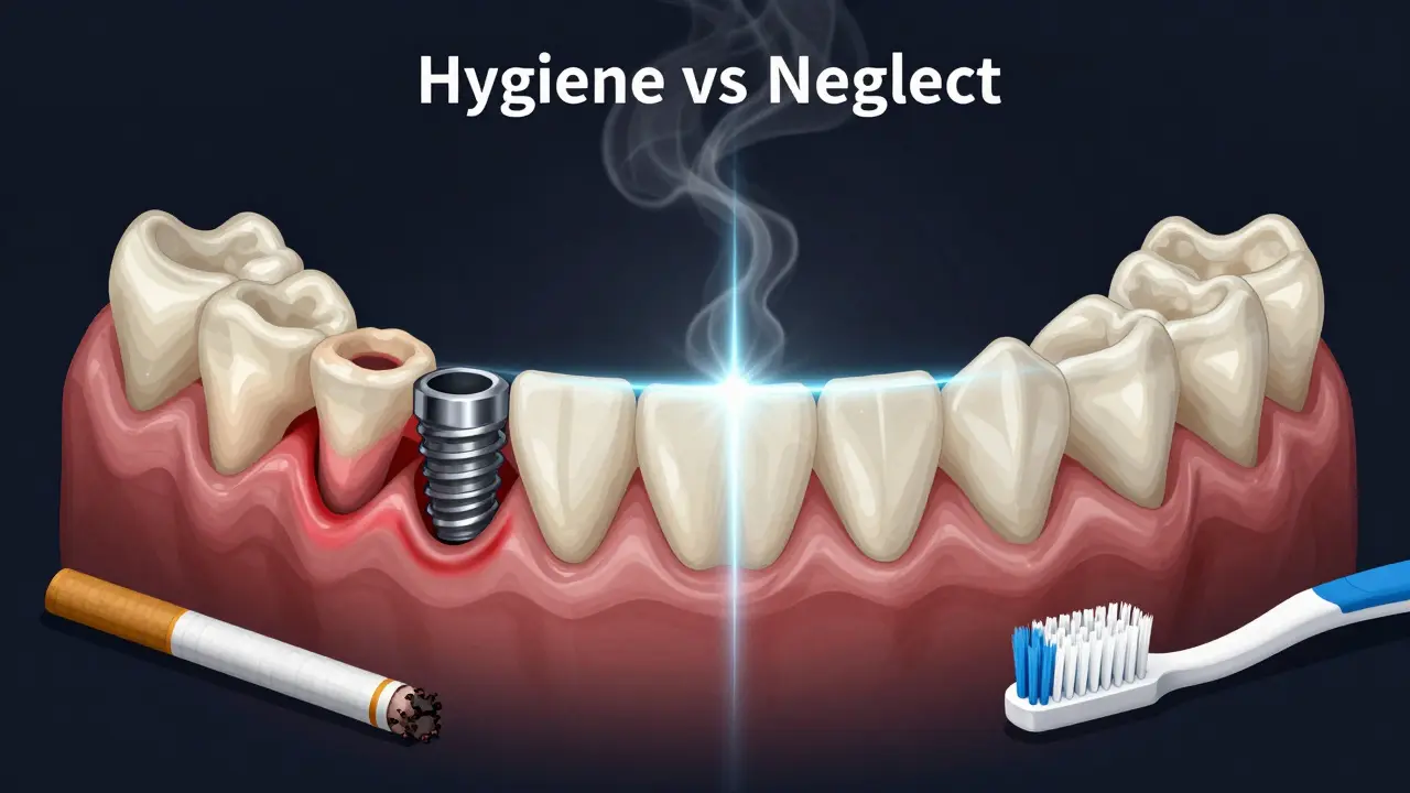 Porovnání zdravé a poškozené čelisti s implantátem – zánět a kouření vs. hygiena a ochrana.