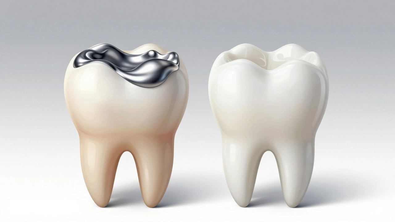 Side-by-side comparison of a silver and a white dental filling on teeth.