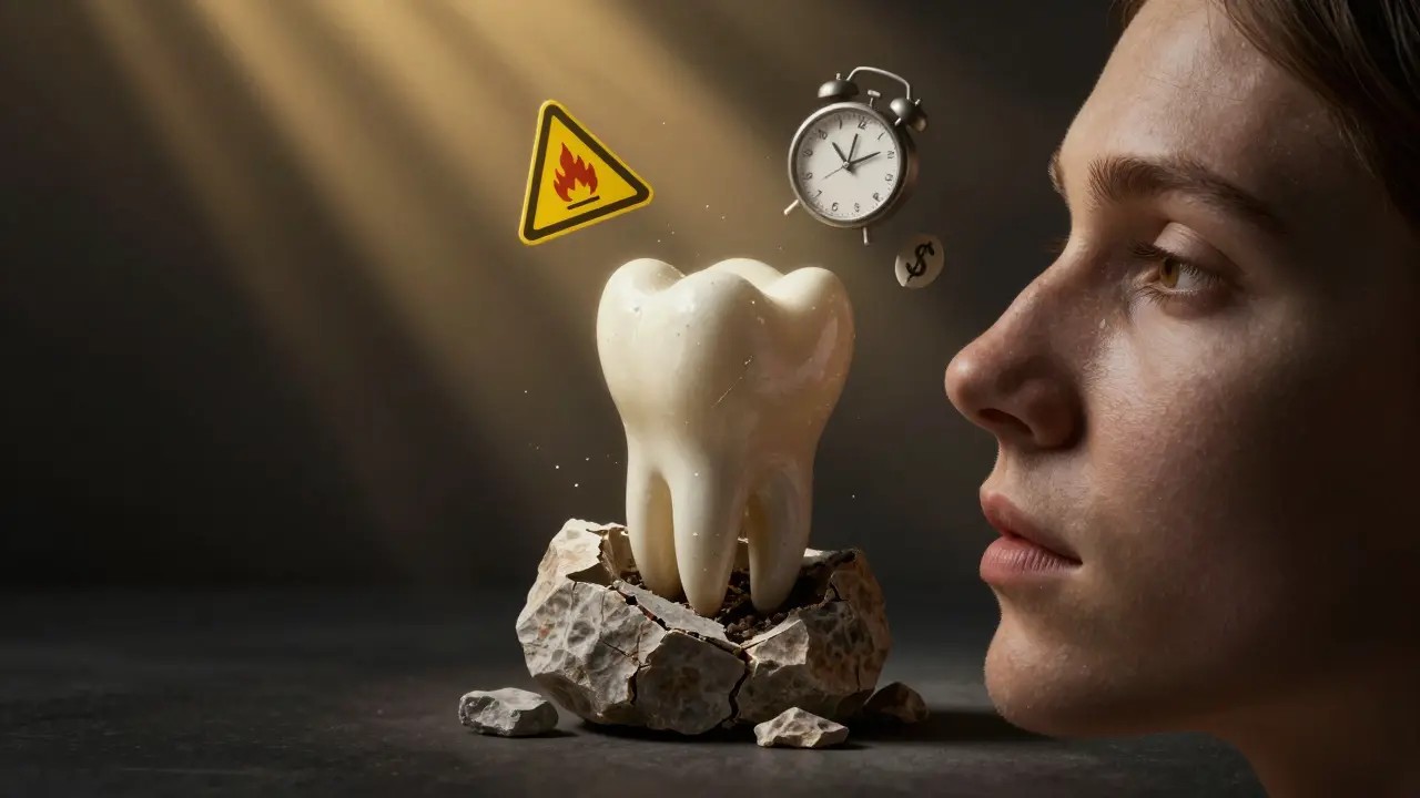 Symbolic image of wisdom tooth breaking from stone with warning signs around it.