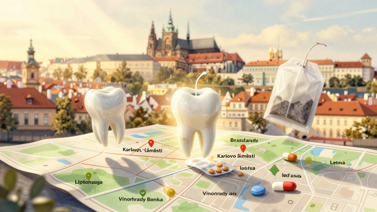 Symbolická mapa Prahy s ukazateli na zubní pohotovosti a vznášejícími se prvky pro nouzovou péči.