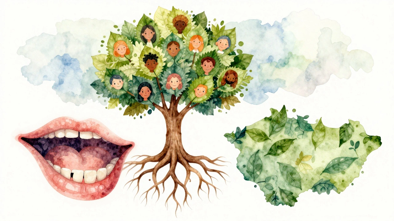 Vodová barva ilustrace stromu rostoucího z úst s mezerou mezi zuby, symbolizující krásu v různých kulturách.