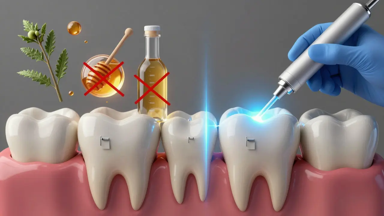 Zub s uzavřenými kanálky, zatímco domácí léky jsou přeškrtnuté, zatímco lékař aplikuje fluoridový gel.