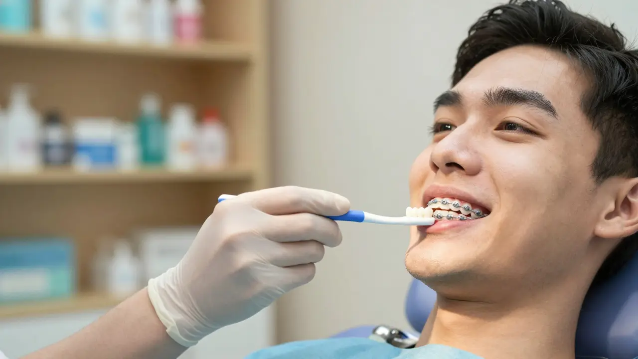 Zubní hygienistka ukazuje pacientovi, jak používat mezi zubní kartáček při rovnátkách.
