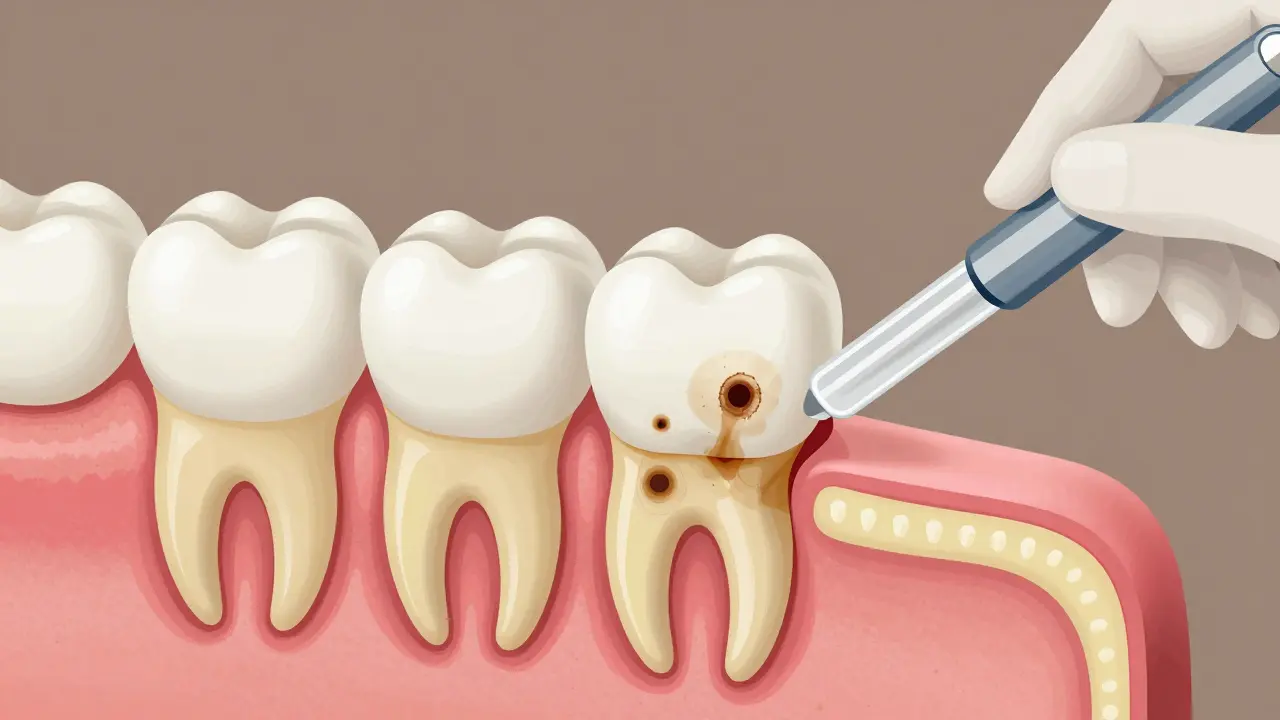 Příčný řez zubem s vrstvami skloviny a dentinu, zatímco dentista aplikuje bílící gel.