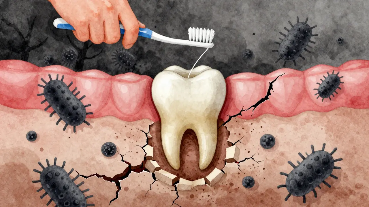 Vodová barva ilustrace jednoho zubu, který klesá do rozpadající se kosti, zatímco bakterie a nástroje hygieny zasahují.