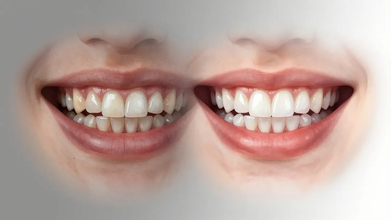 Before and after comparison of a smile with and without dental veneers