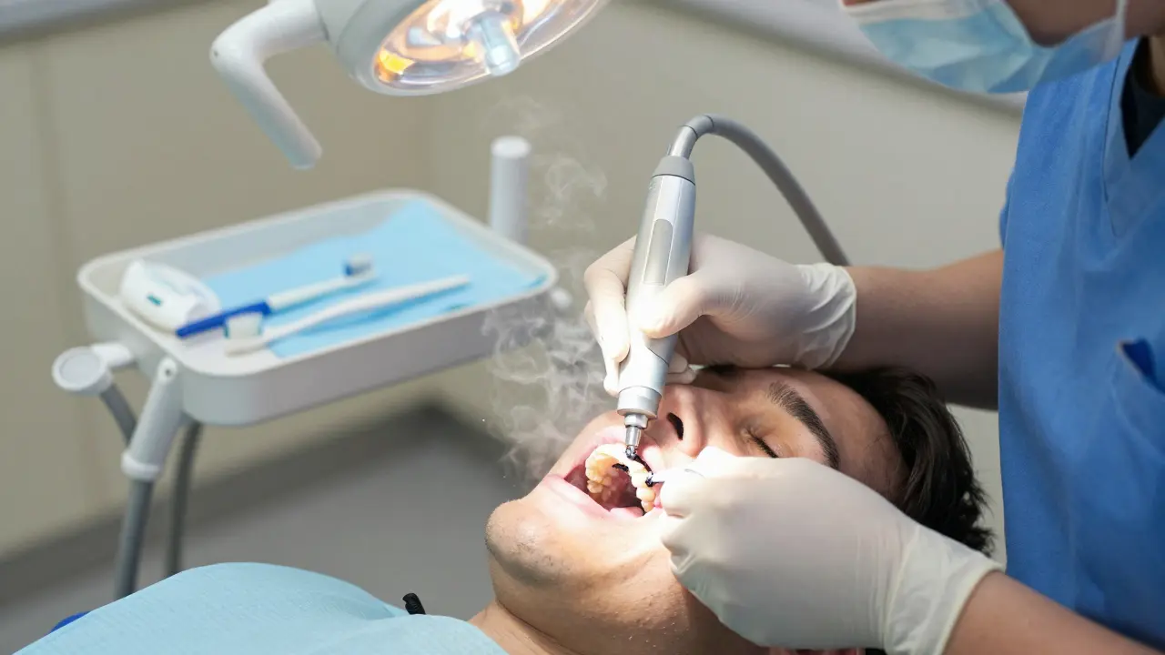 Zubní hygienistka odstraňuje zubní kámen ultrazvukovým přístrojem.