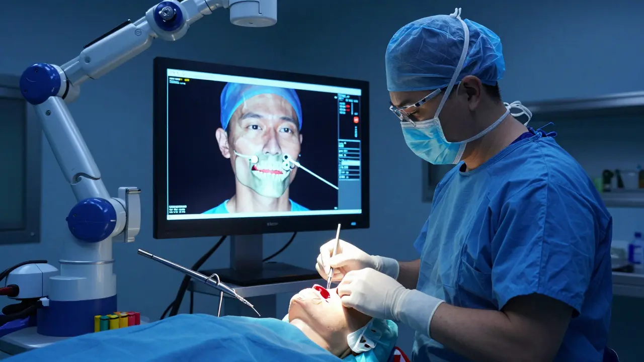 Chirurg plánuje operaci pomocí 3D hologramu čelisti s robotickými nástroji v moderní laboratoři.