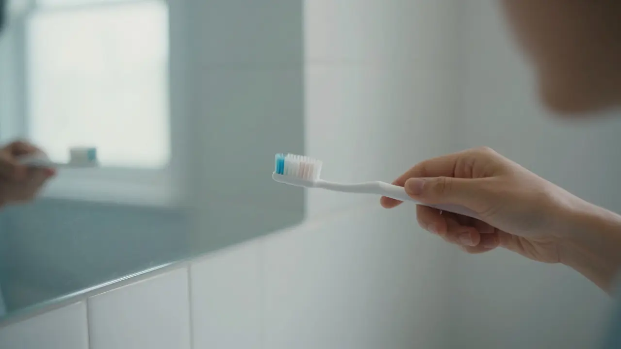 Člověk používá správnou techniku čištění zubů při zrcadle