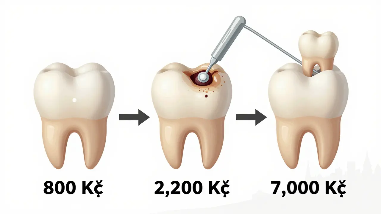 Comparison of dental treatment costs from minor cavity to root canal procedure.
