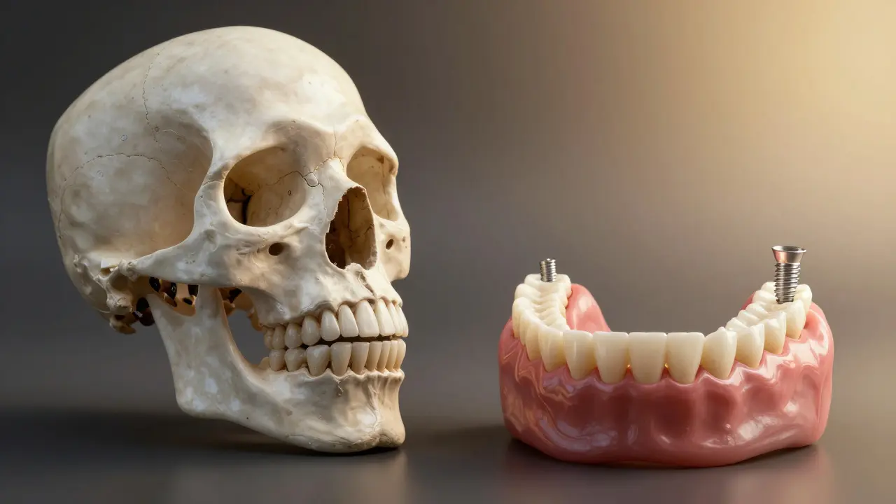 Comparison of deteriorating jawbone versus fully restored teeth with implants.