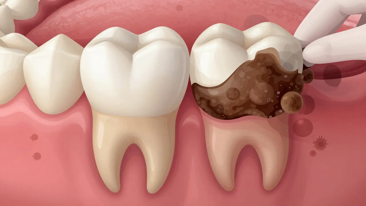 Contrast between healthy gums and gums with hidden tartar buildup causing inflammation and bone loss.