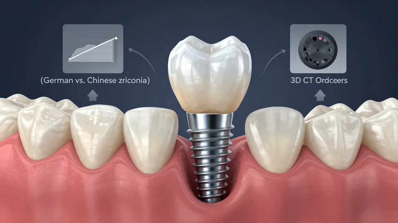 Dental implant with zirconia crown and cost factors represented visually.