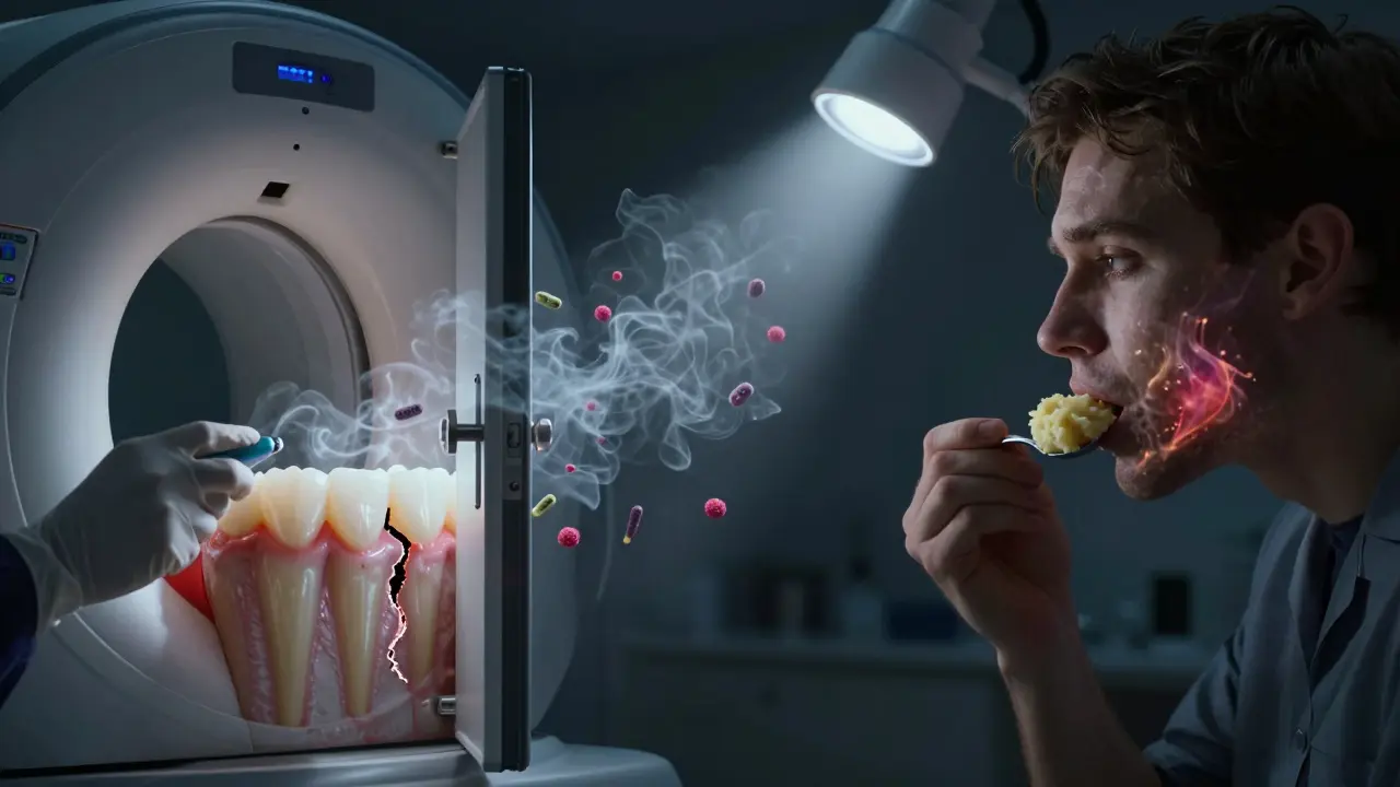 Dveře z emalové skloviny otevřené bakteriím, zatímco dentistka detekuje trhlinu a člověk jí jen měkké potraviny.