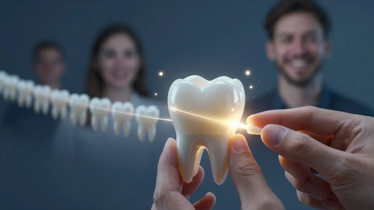 Keramická vložka se přilepuje na zub pod UV světlem, symbolizující rychlou a neinvazivní úpravu.