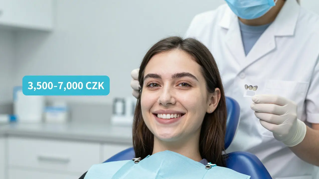 Patient smiling after receiving a composite inlay, symbolizing aesthetic and durable dental restoration in Prague.