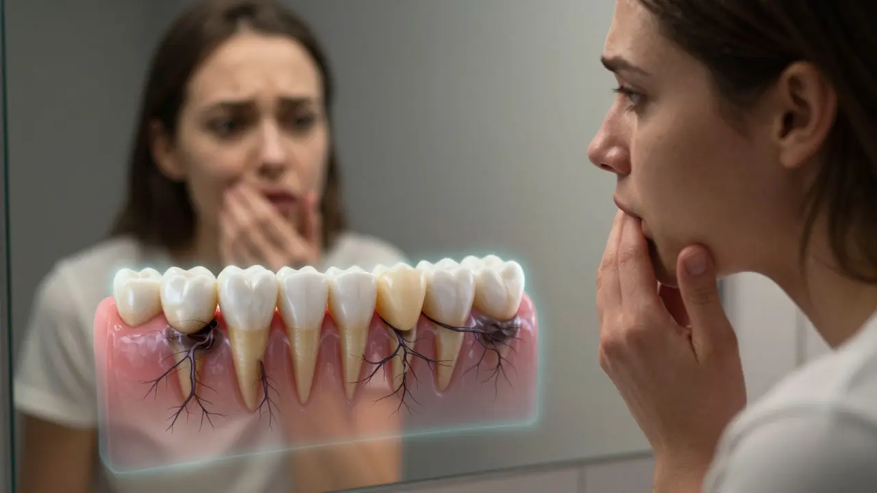 Person realizing hidden tartar beneath gums through a transparent medical overlay in a bathroom mirror.
