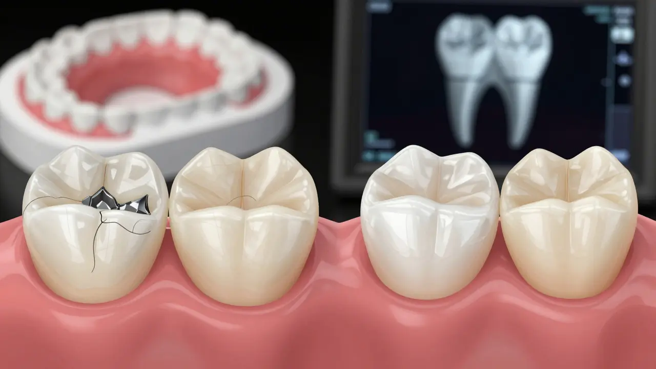 Side-by-side comparison of a damaged amalgam filling and a natural-looking composite inlay in a molar tooth.