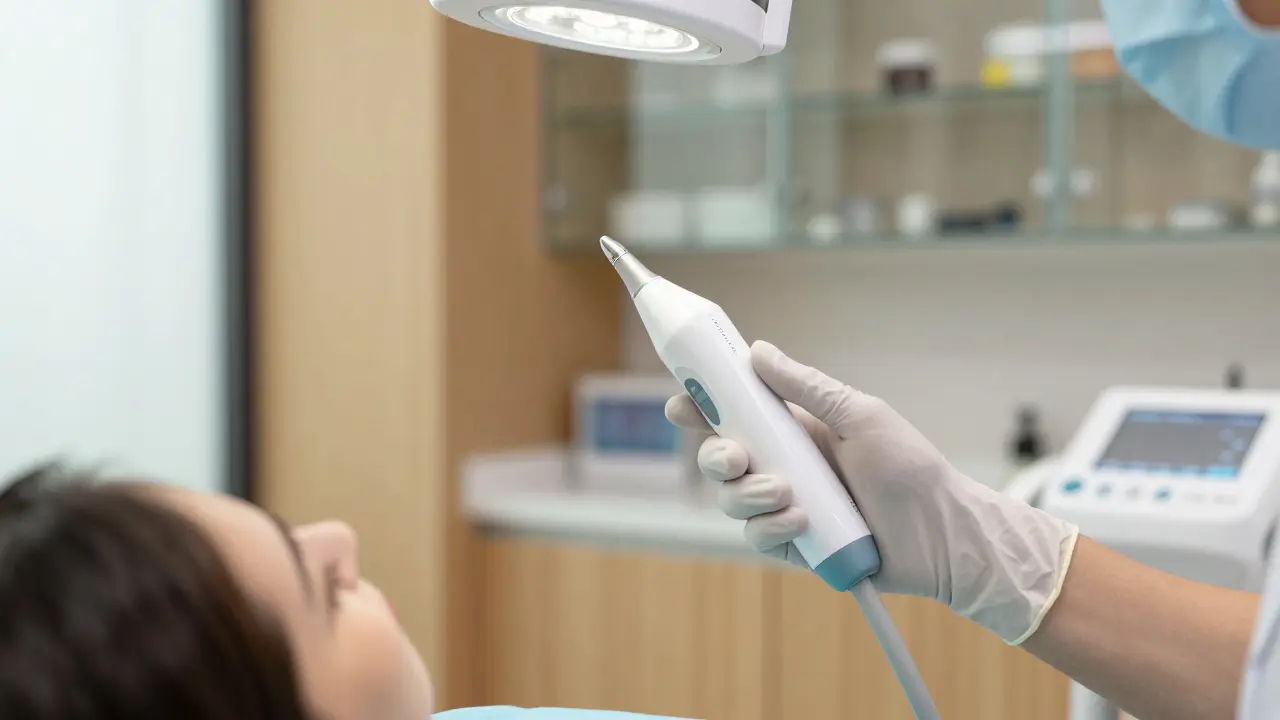 Stomatolog používající digitální skener v moderní ordinaci pro přípravu úsměvu.