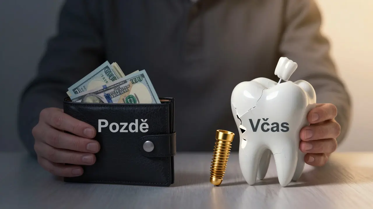 Symbolic image showing the cost difference between timely cavity treatment and tooth loss.