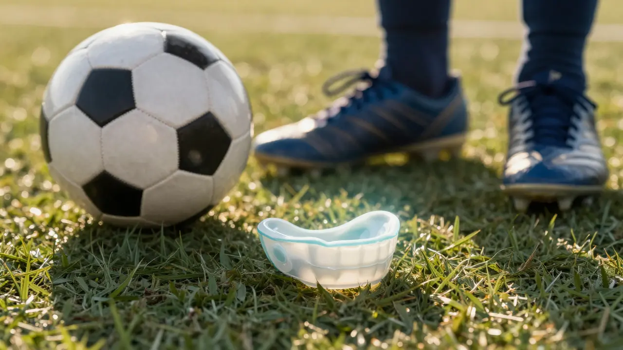 Zubní štít leží na sportovním hřišti jako prevence proti úrazu.