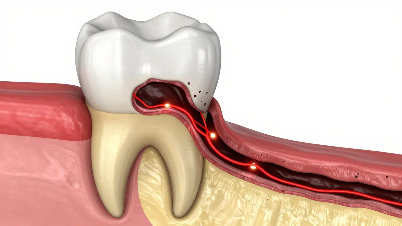 3D průřez zubem ukazující šíření kazu ze skelému hlouběji do dentinu.