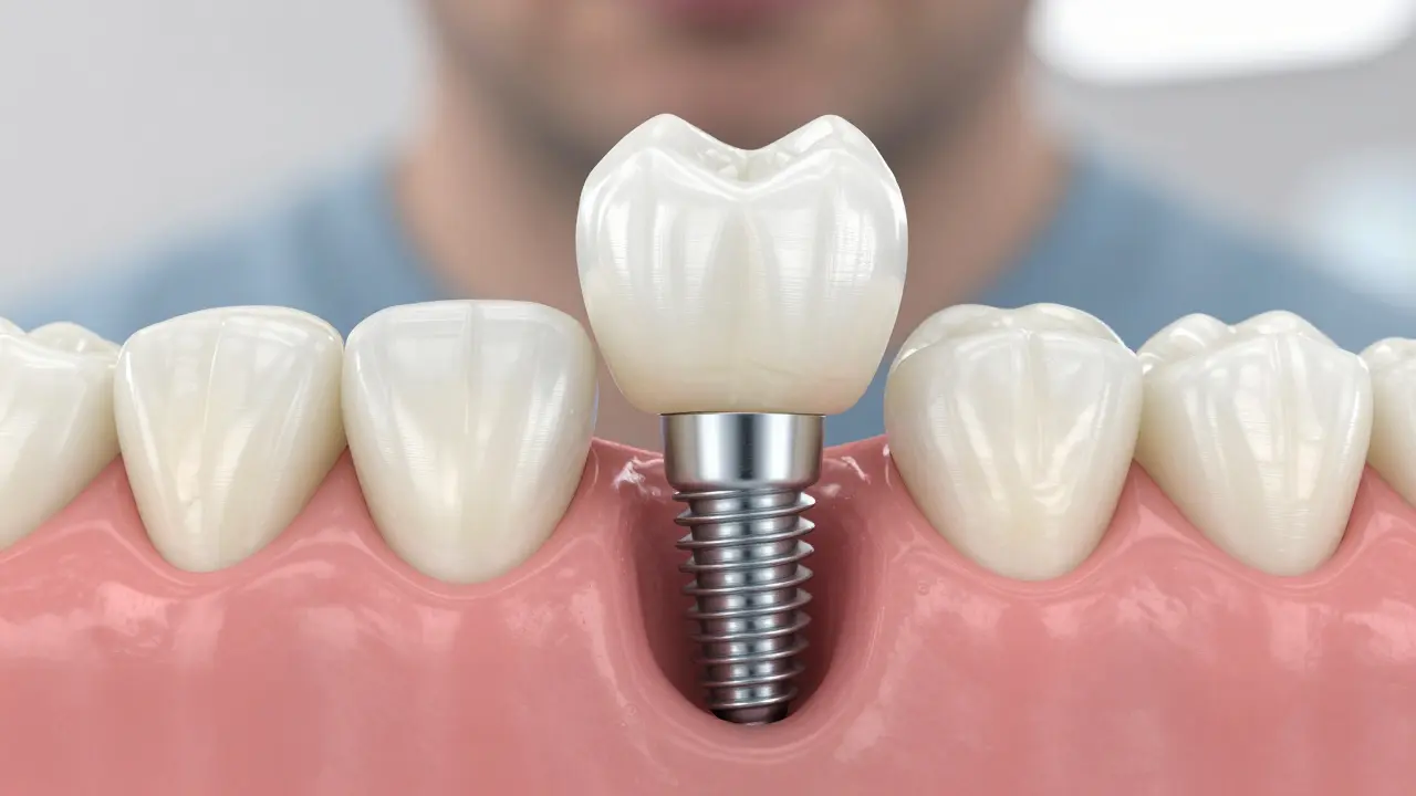 3D vizualizace dentálního implantátu s zirkonovou korunkou v zdravé kostní tkáni.