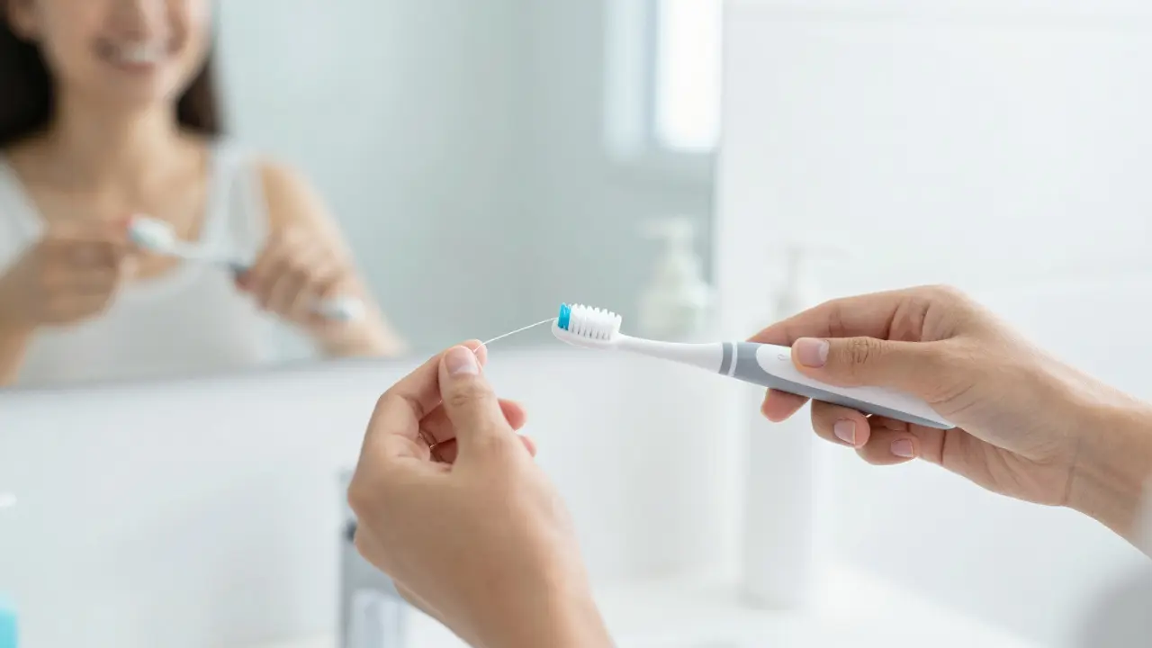 Dentální nit a kartáček jako součást péče o udržení bílých plomb.