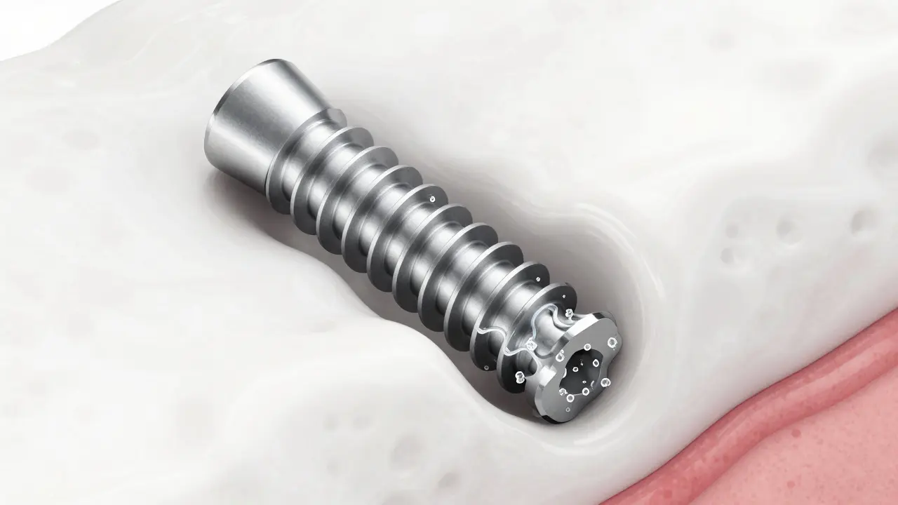 Detailní znázornění procesu srostu titanového implantátu s kostní tkání.