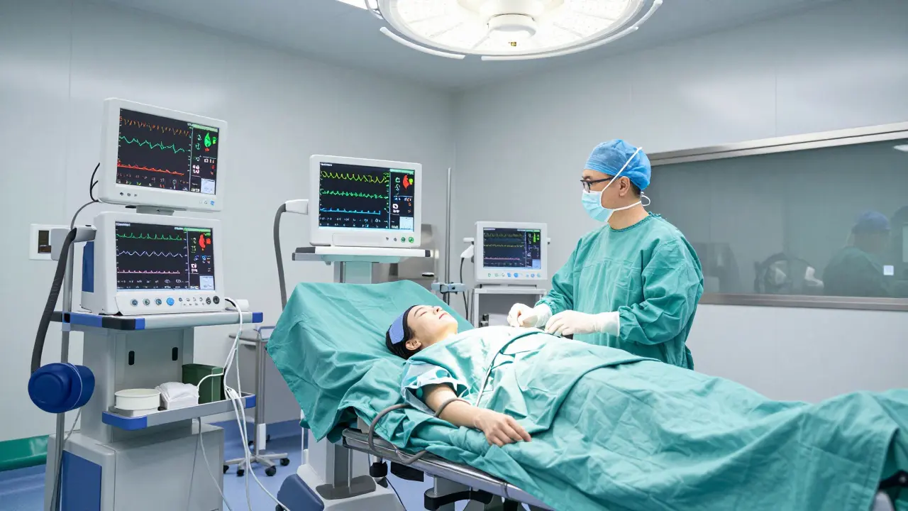Klinický sál s pacientem v celkové anestezii a monitorováním funkcí.