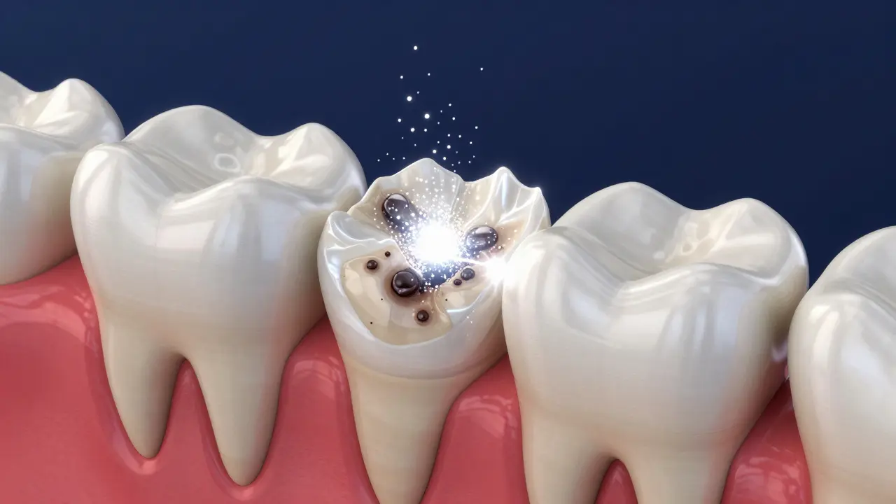 Konceptuální schéma pronikání bělicího gelu skrz sklovinu až do dentinu zubu.