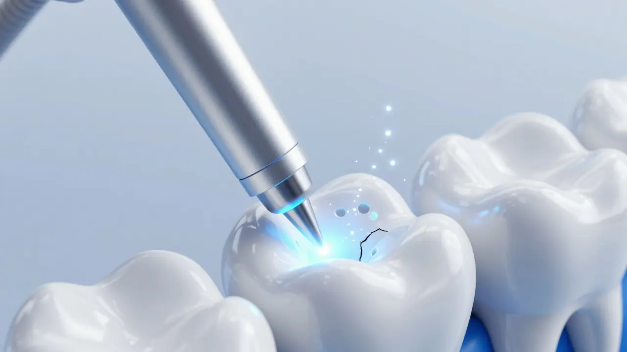 Konceptuální zobrazení precizního zubního laseru při čištění praskliny v zubu.