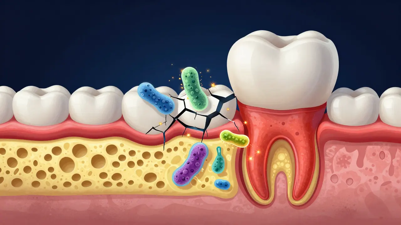 Kresba průřezu zubu s bakteriemi pronikajícími skrze prasklinu do dentinu.