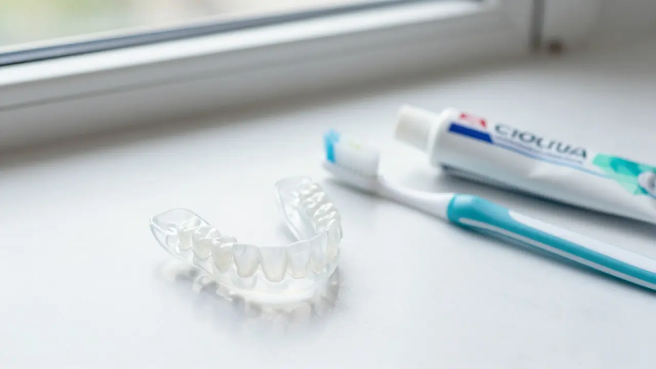 Krycí dlahy na zuby a měkký kartáček na bílém podkladu pro prevenci.