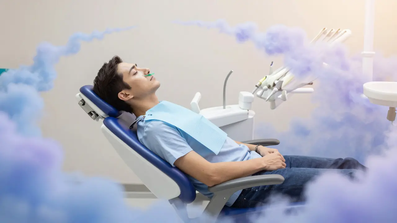 Pacient v dentistickém křesle s nosní kanylou v uklidňující atmosféře.