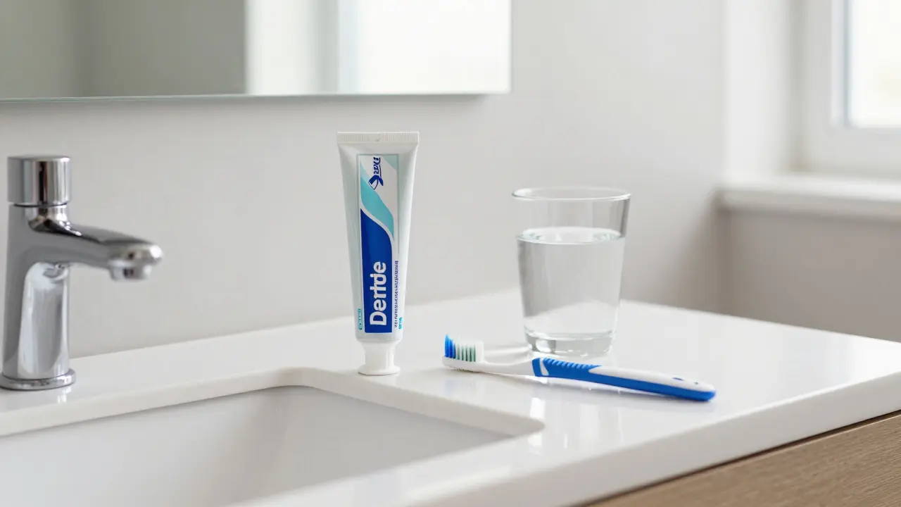 Sada pro preventivní zubní hygienu včetně fluoridové pasty a mezery kartáčku.