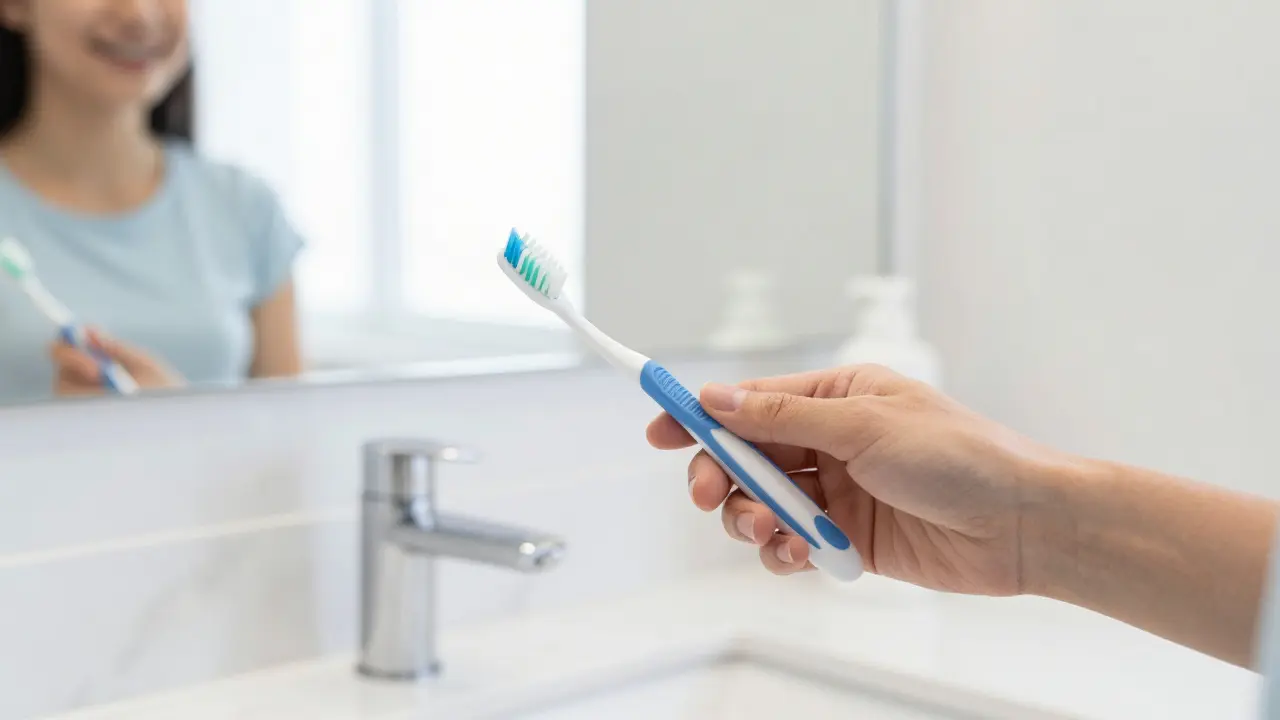Sada pro zubní hygienu na mramorové desce s osobou s keramickými rovnátky v zrcadle.