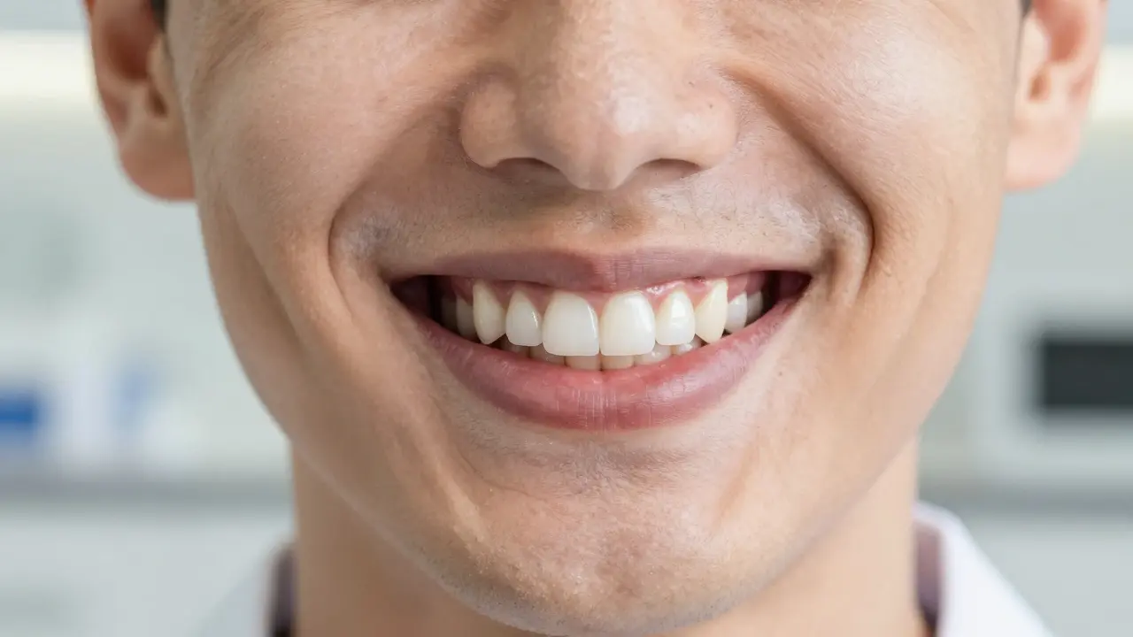 Úsměv spokojeného pacienta s přirozeně vypadající keramickou korunkou na implantátu.