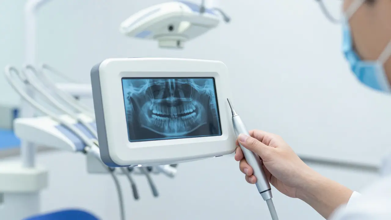 Zubní lékař analyzuje rentgenový snímek kořenů zubů v moderní ordinaci.