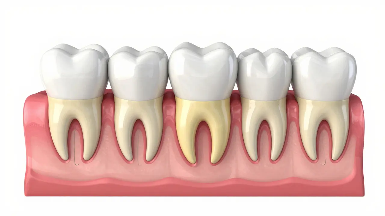Anatomický průřez zubem ukazující sklovinu a žlutý dentin