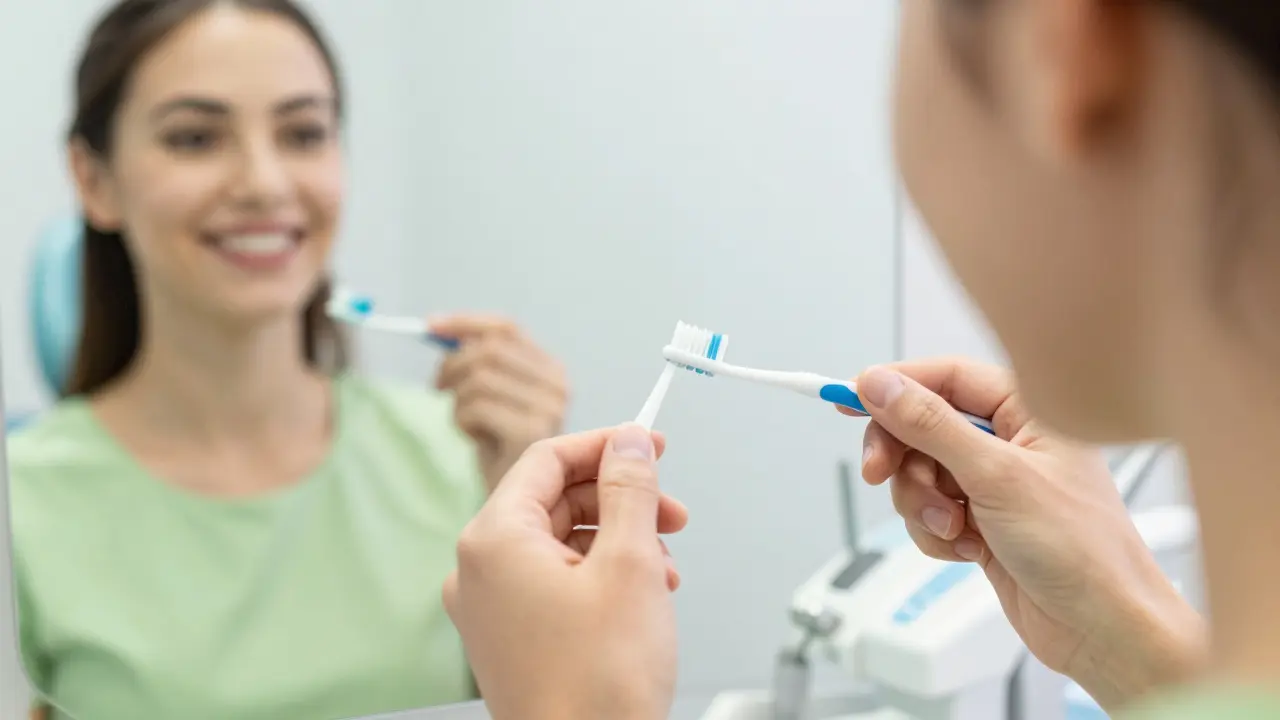 Bližší pohled na mezizubní kartáček a niť pro prevenci ztráty zubní kosti.